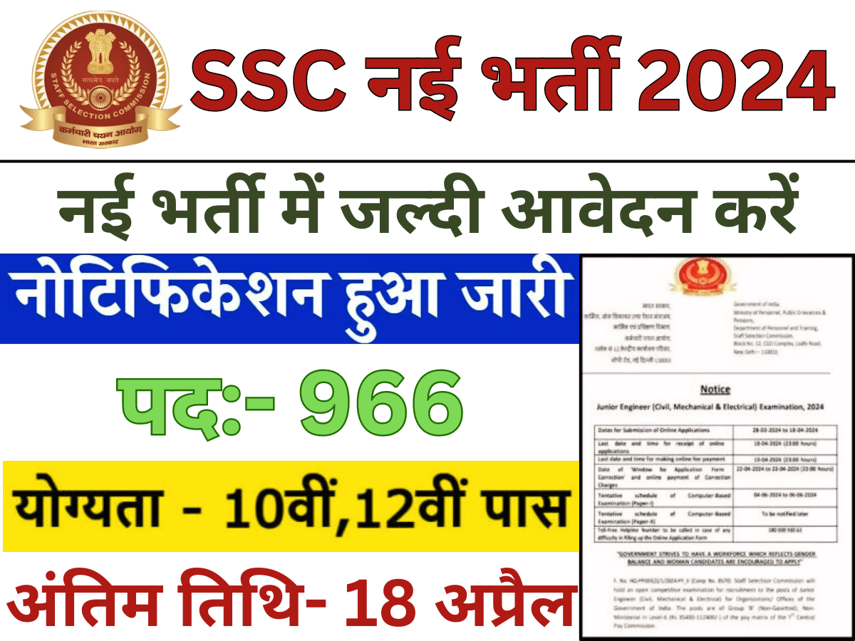 SSC JE Vacancy 2024: रिक्त पद 966 पर नोटिफिकेशन जारी, नई भर्ती में जल्दी आवेदन करें। जानें विस्तार से