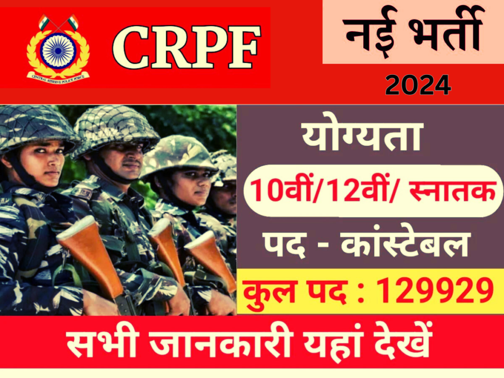 CRPF Vacancy 2024 : आवेदन शुल्क, योग्यता, आयु सीमा, चयन प्रक्रिया और आवेदन प्रक्रिया जाने।