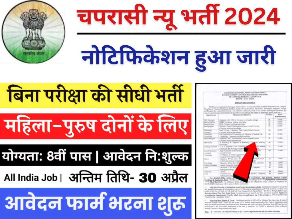 ECHS चपरासी भर्ती: नोटिफिकेशन हुआ जारी, 8वी पास के लिए बिना परीक्षा के निकली भर्ती। जल्दी आवेदन करें