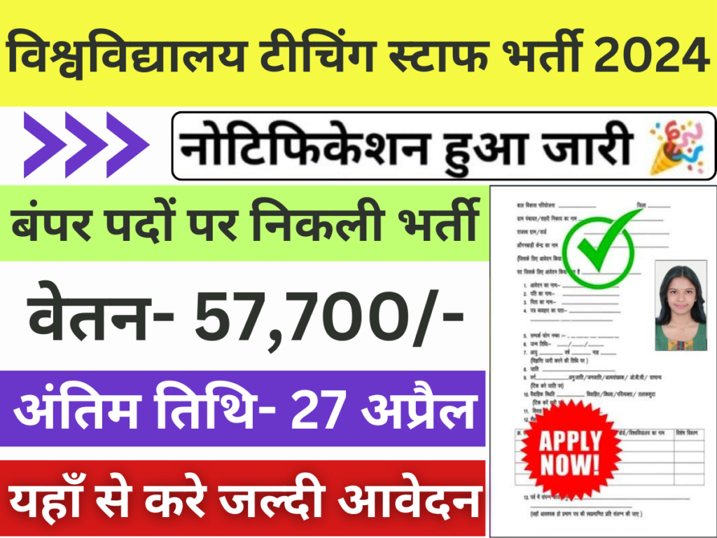 विश्वविद्यालय टीचिंग स्टाफ भर्ती: नोटिफिकेशन जारी, बिना परीक्षा के भर्ती, आवेदन शीरु। स्प्ष्ट जानिये