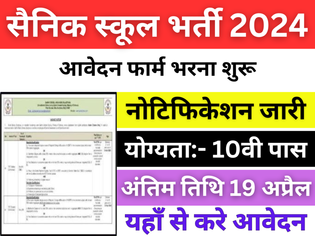 सैनिक स्कूल भर्ती 2024: 10वी पास के लिए नोटिफिकेशन जारी, आवेदन शुरू, अंतिम तिथि 19 अप्रैल।