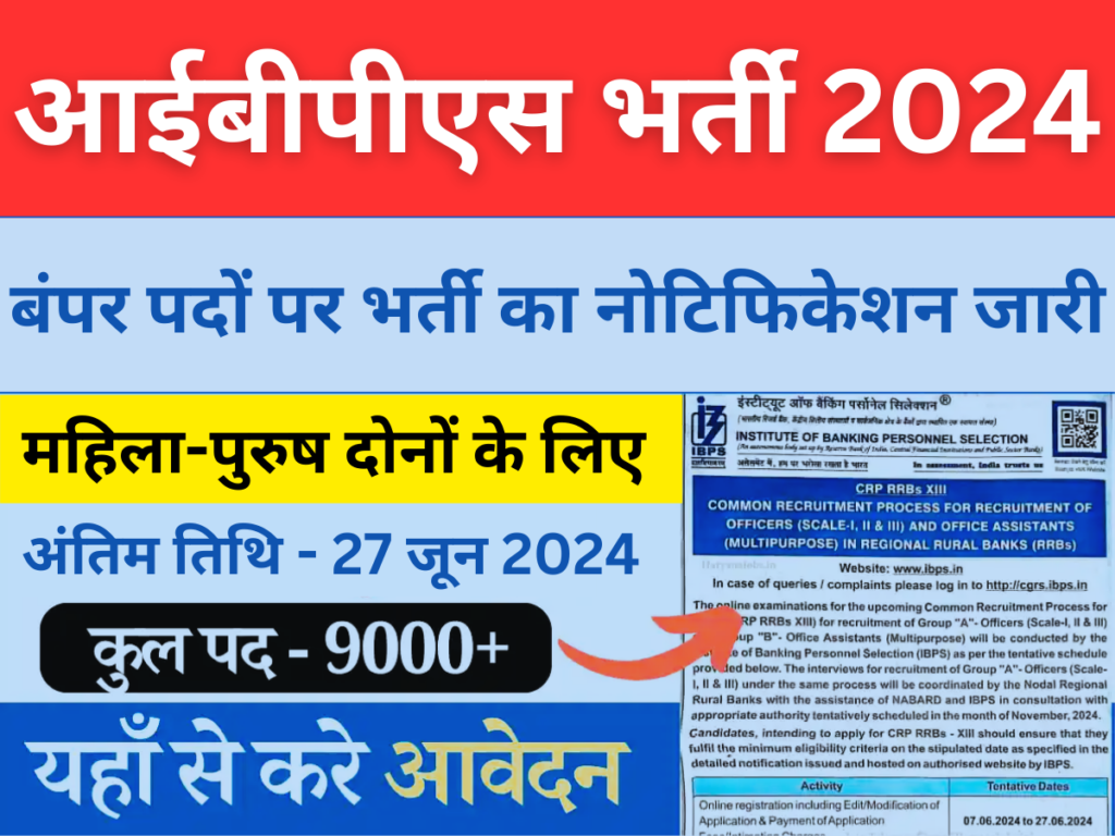 आईबीपीएस भर्ती 2024: कुल 9000 पदों पर भर्ती का नोटिफिकेशन जारी हुआ, ऑनलाइन आवेदन शुरू। सम्पूर्ण जानकारियां