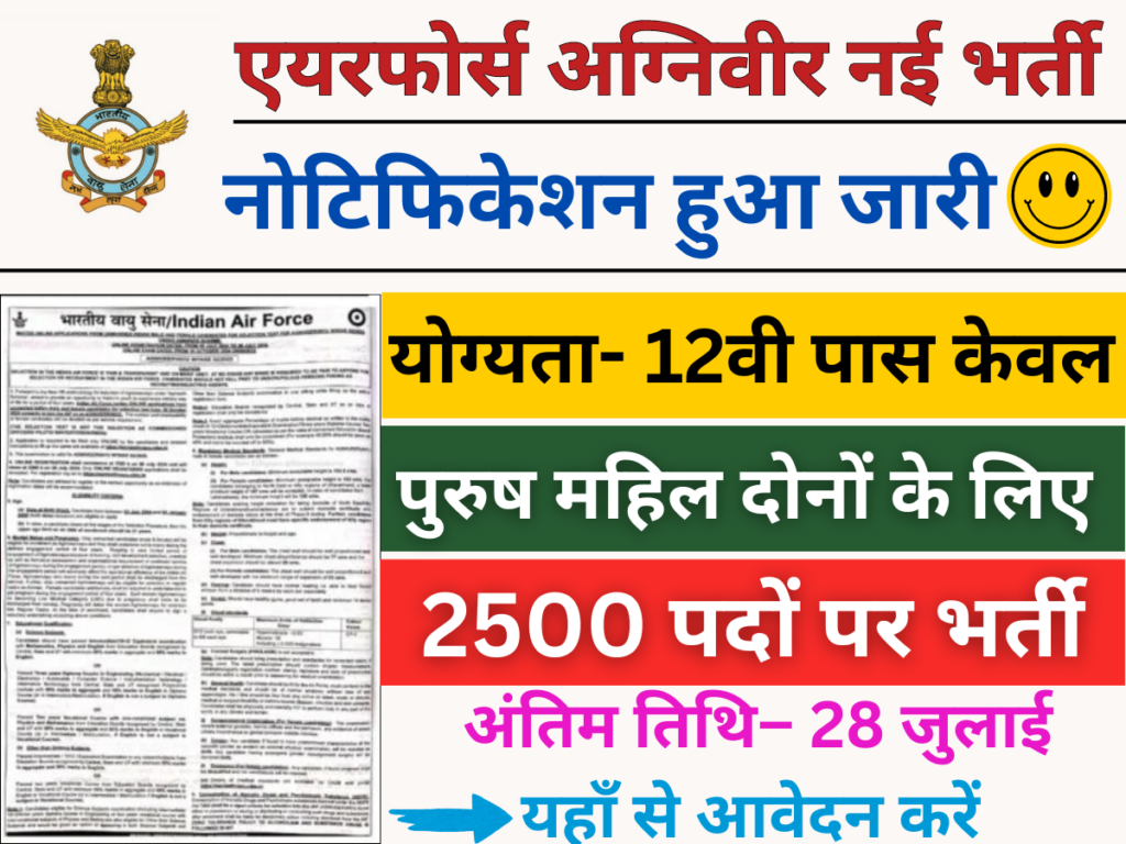 एयरफोर्स अग्निवीर भर्ती: 2500 पदों पर भर्ती नोटिफिकेशन जारी, 12वीं पास के लिए शानदार मौका, आवेदन अभी करें।